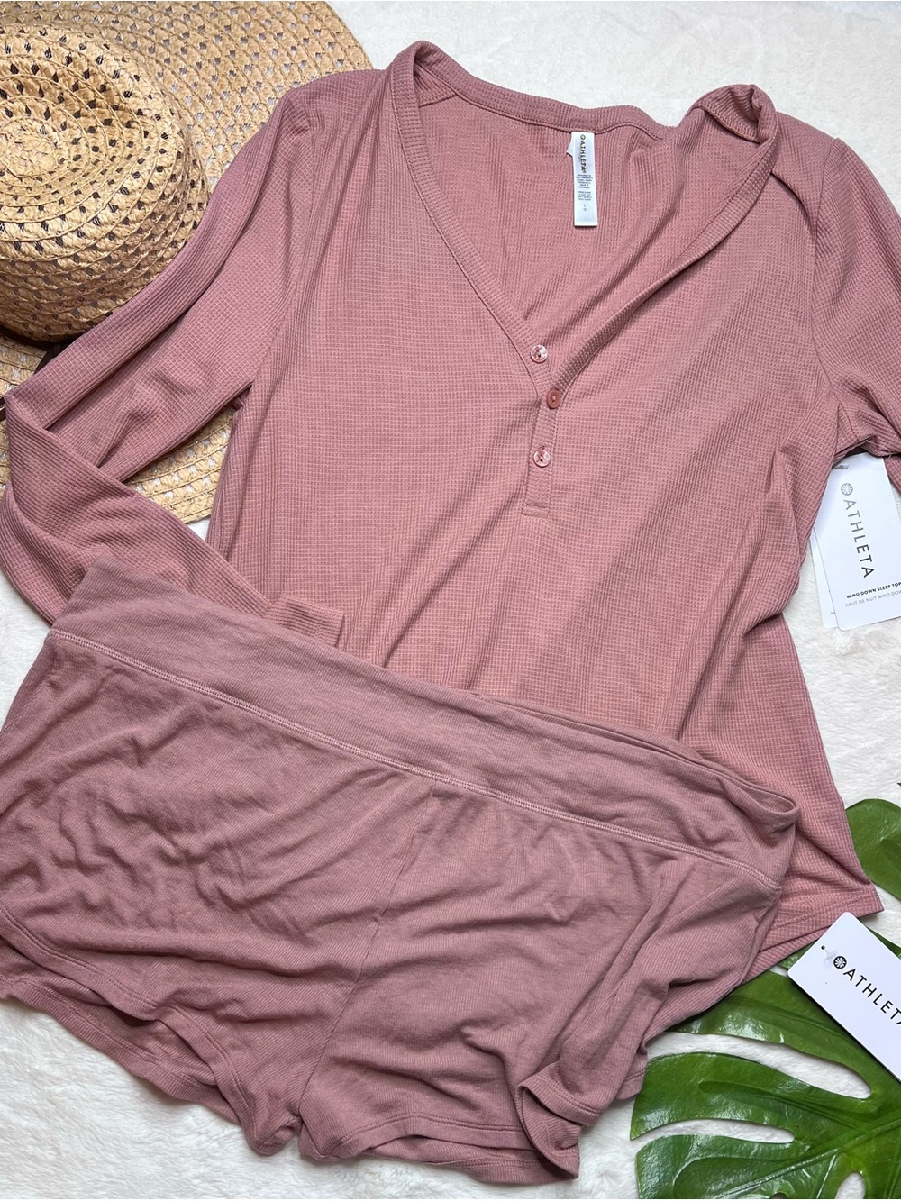 NWT Set of Athleta Well Rested Ribbed Sleep Henley and Sleep Shorts L / XL
